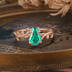 Elegant Coffin Cut 4 Prong Leaf Vine Emerald Engagement Ring