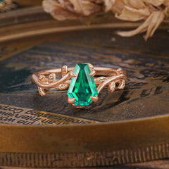Elegant Coffin Cut 4 Prong Leaf Vine Emerald Engagement Ring