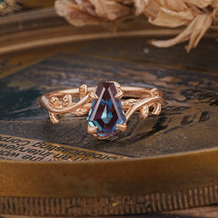 Elegant Coffin Cut 4 Prong Leaf Vine Alexandrite Engagement Ring