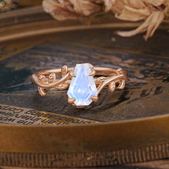 Elegant Coffin Cut 4 Prong Leaf Vine Moonstone Engagement Ring