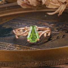 Elegant Coffin Cut 4 Prong Leaf Vine Peridot Engagement Ring