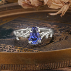 Elegant Coffin Cut 4 Prong Leaf Vine Tanzanite Engagement Ring