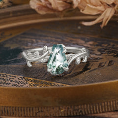 Elegant Coffin Cut 4 Prong Leaf Vine Moss Agate Engagement Ring