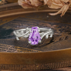 Elegant Coffin Cut 4 Prong Leaf Vine Amethyst Engagement Ring