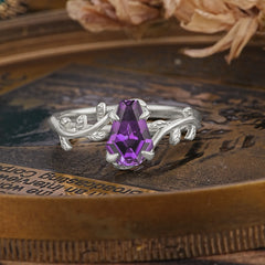Elegant Coffin Cut 4 Prong Leaf Vine Amethyst Engagement Ring
