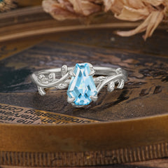 Elegant Coffin Cut 4 Prong Leaf Vine Aquamarine Engagement Ring