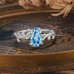 Elegant Coffin Cut 4 Prong Leaf Vine Aquamarine Engagement Ring