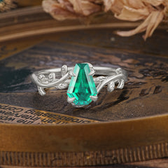 Elegant Coffin Cut 4 Prong Leaf Vine Emerald Engagement Ring