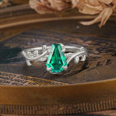 Elegant Coffin Cut 4 Prong Leaf Vine Emerald Engagement Ring