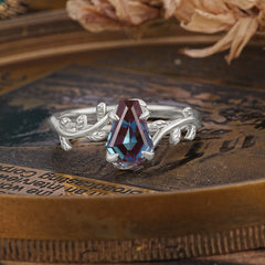 Elegant Coffin Cut 4 Prong Leaf Vine Alexandrite Engagement Ring