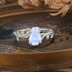 Elegant Coffin Cut 4 Prong Leaf Vine Moonstone Engagement Ring