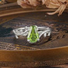 Elegant Coffin Cut 4 Prong Leaf Vine Peridot Engagement Ring