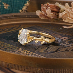 Elegant Coffin Cut 4 Prong Leaf Vine Moissanite Engagement Ring