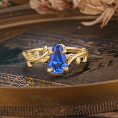 Elegant Coffin Cut 4 Prong Leaf Vine Sapphire Engagement Ring