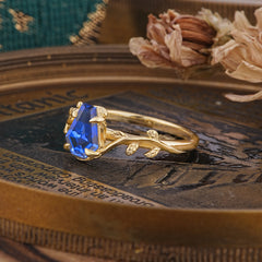 Elegant Coffin Cut 4 Prong Leaf Vine Sapphire Engagement Ring