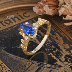Elegant Coffin Cut 4 Prong Leaf Vine Sapphire Engagement Ring