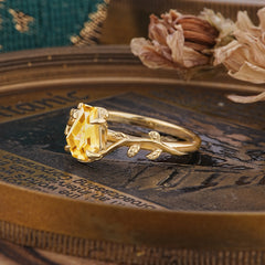 Elegant Coffin Cut 4 Prong Leaf Vine Citrine Engagement Ring