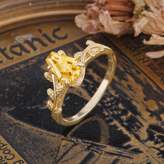 Elegant Coffin Cut 4 Prong Leaf Vine Citrine Engagement Ring