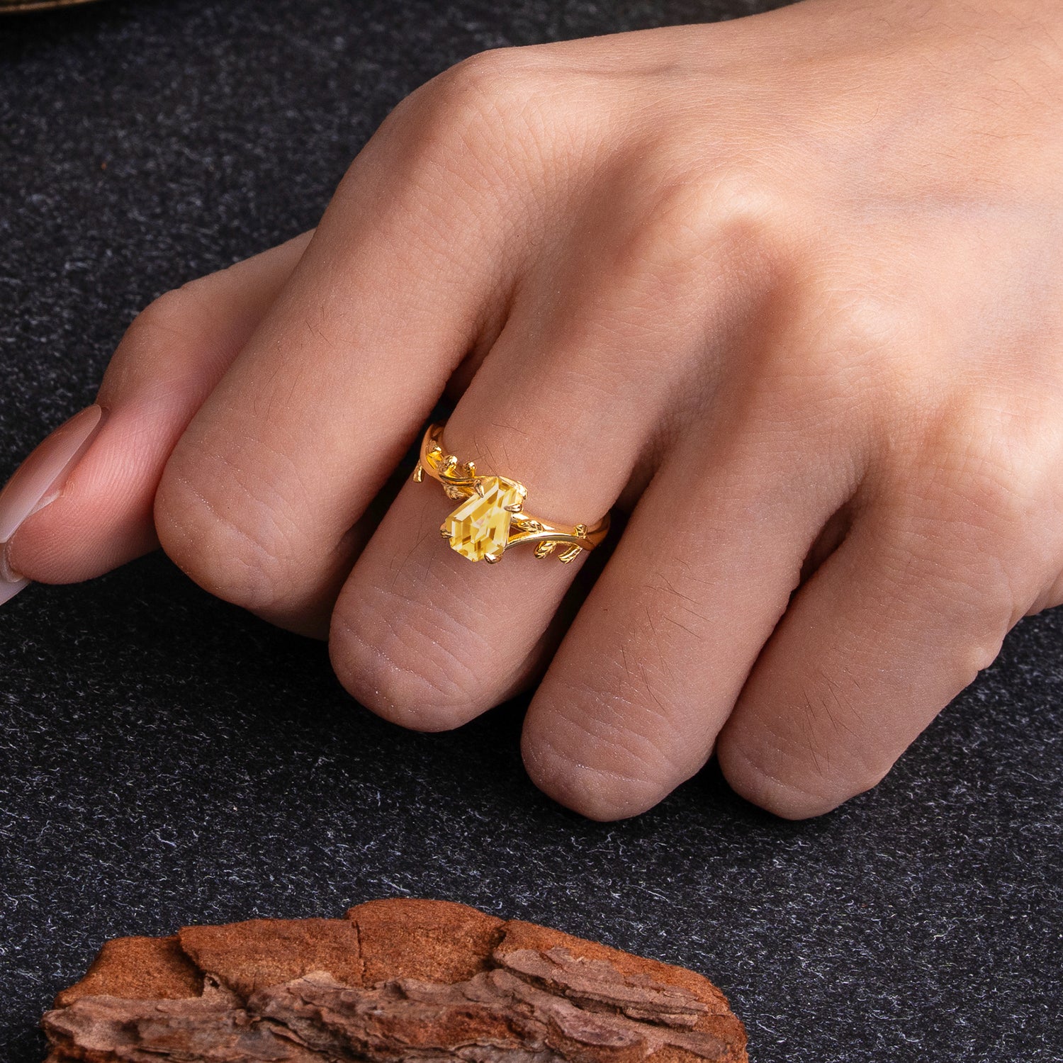 Elegant Coffin Cut 4 Prong Leaf Vine Citrine Engagement Ring