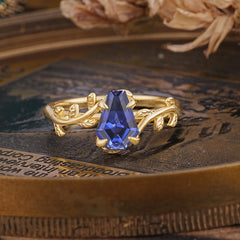 Elegant Coffin Cut 4 Prong Leaf Vine Tanzanite Engagement Ring