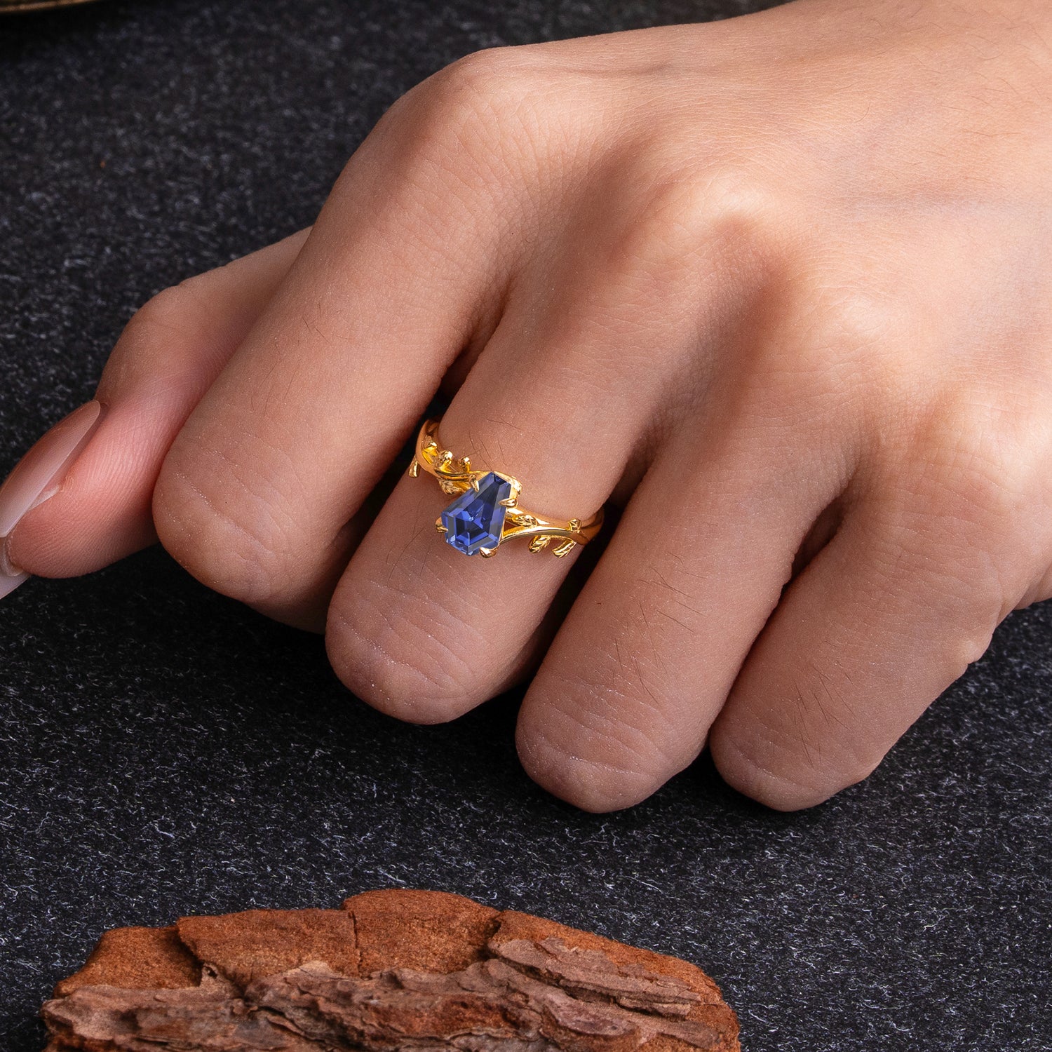 Elegant Coffin Cut 4 Prong Leaf Vine Tanzanite Engagement Ring