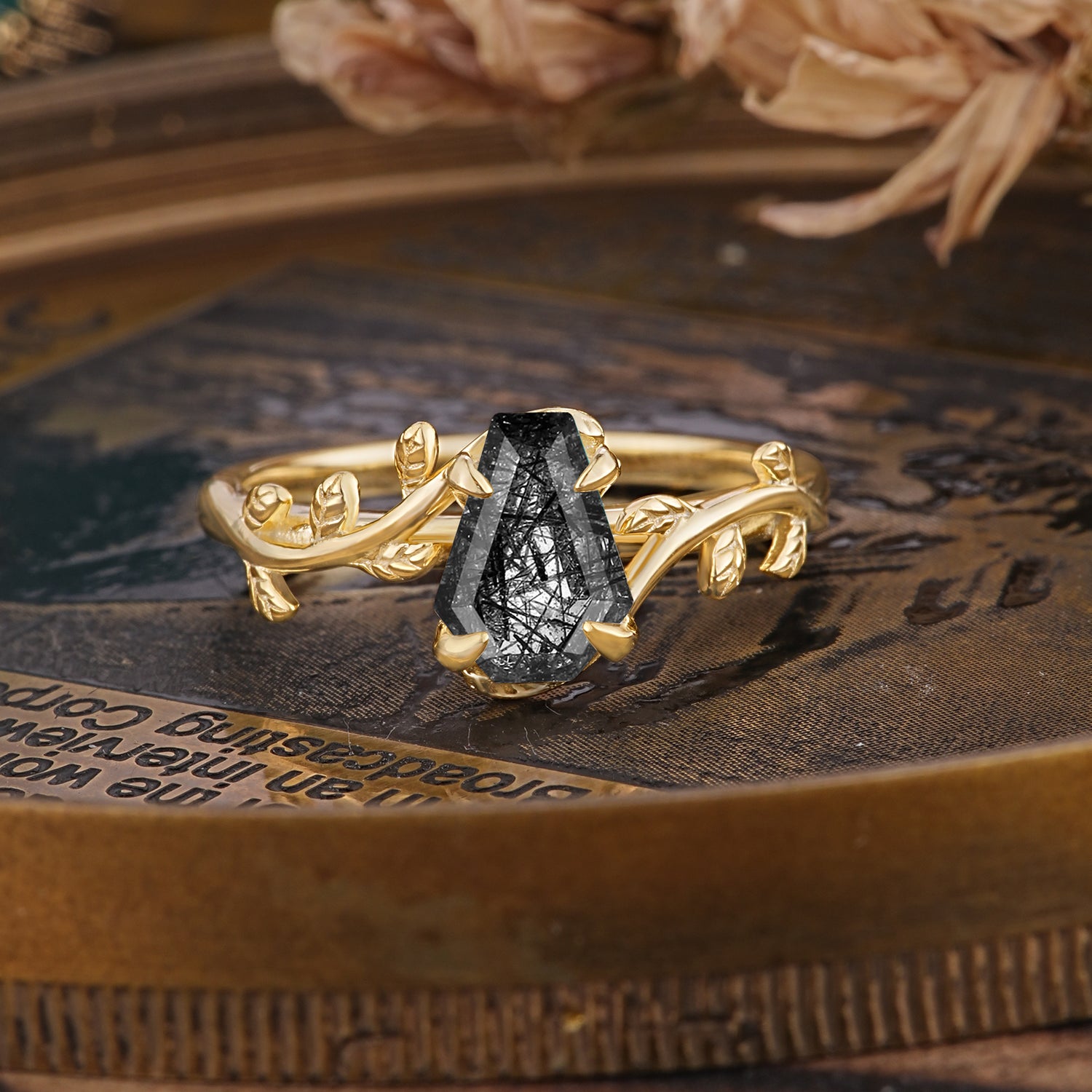 Elegant Coffin Cut 4 Prong Leaf Vine Black Rutilated Quartz Engagement Ring