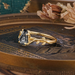 Elegant Coffin Cut 4 Prong Leaf Vine Black Rutilated Quartz Engagement Ring