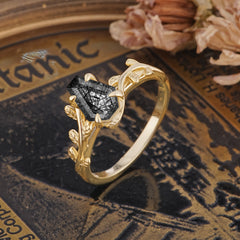 Elegant Coffin Cut 4 Prong Leaf Vine Black Rutilated Quartz Engagement Ring