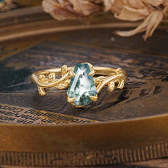Elegant Coffin Cut 4 Prong Leaf Vine Moss Agate Engagement Ring