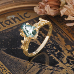 Elegant Coffin Cut 4 Prong Leaf Vine Moss Agate Engagement Ring