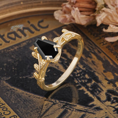 Elegant Coffin Cut 4 Prong Leaf Vine Black Onyx Engagement Ring
