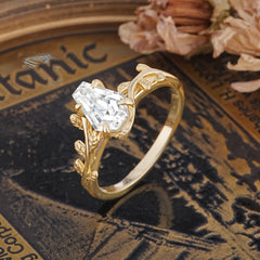 Elegant Coffin Cut 4 Prong Leaf Vine Lab Diamond Engagement Ring