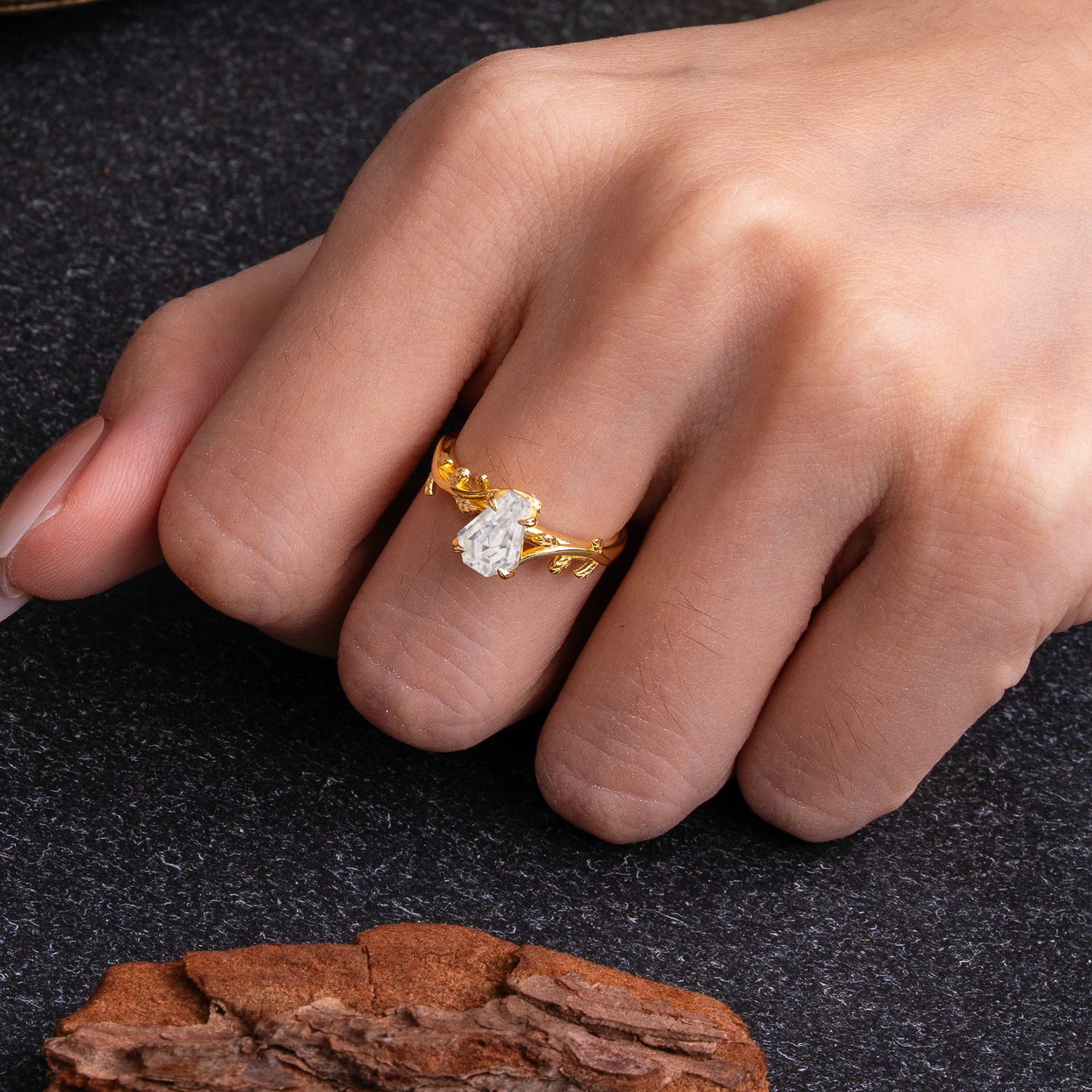 Elegant Coffin Cut 4 Prong Leaf Vine Lab Diamond Engagement Ring
