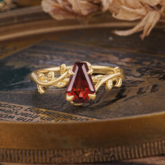 Elegant Coffin Cut 4 Prong Leaf Vine Garnet Engagement Ring