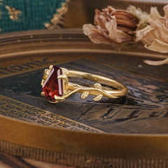 Elegant Coffin Cut 4 Prong Leaf Vine Garnet Engagement Ring