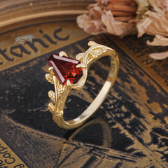 Elegant Coffin Cut 4 Prong Leaf Vine Garnet Engagement Ring