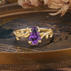 Elegant Coffin Cut 4 Prong Leaf Vine Amethyst Engagement Ring