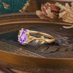 Elegant Coffin Cut 4 Prong Leaf Vine Amethyst Engagement Ring