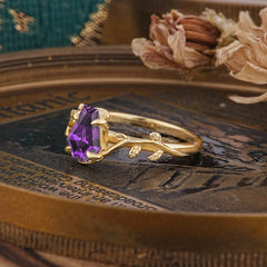 Elegant Coffin Cut 4 Prong Leaf Vine Amethyst Engagement Ring
