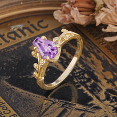 Elegant Coffin Cut 4 Prong Leaf Vine Amethyst Engagement Ring