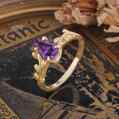 Elegant Coffin Cut 4 Prong Leaf Vine Amethyst Engagement Ring