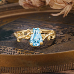 Elegant Coffin Cut 4 Prong Leaf Vine Aquamarine Engagement Ring