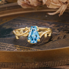 Elegant Coffin Cut 4 Prong Leaf Vine Aquamarine Engagement Ring