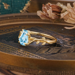 Elegant Coffin Cut 4 Prong Leaf Vine Aquamarine Engagement Ring