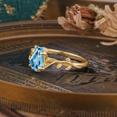 Elegant Coffin Cut 4 Prong Leaf Vine Aquamarine Engagement Ring