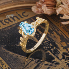 Elegant Coffin Cut 4 Prong Leaf Vine Aquamarine Engagement Ring