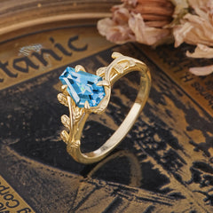 Elegant Coffin Cut 4 Prong Leaf Vine Aquamarine Engagement Ring