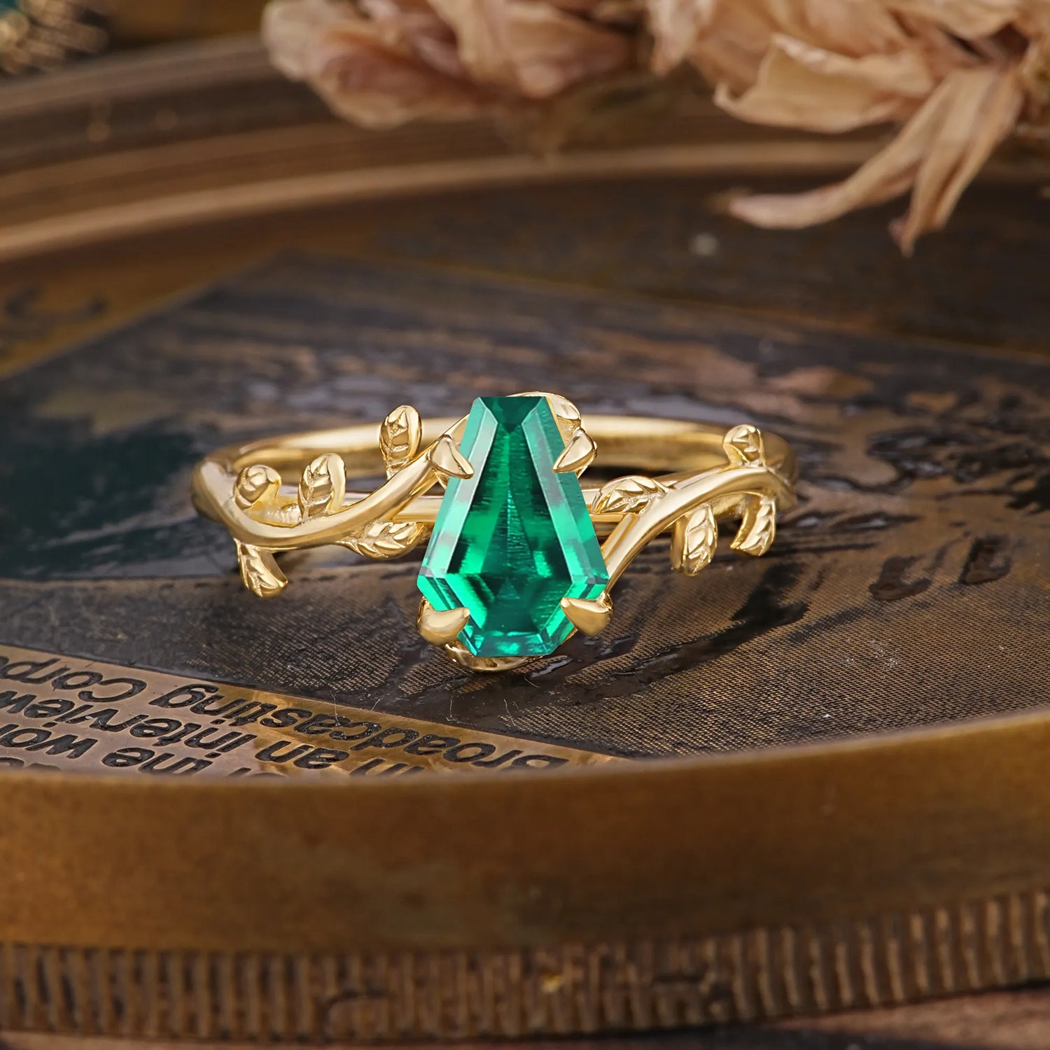 Elegant Coffin Cut 4 Prong Leaf Vine Emerald Engagement Ring