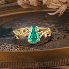 Elegant Coffin Cut 4 Prong Leaf Vine Emerald Engagement Ring