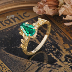 Elegant Coffin Cut 4 Prong Leaf Vine Emerald Engagement Ring